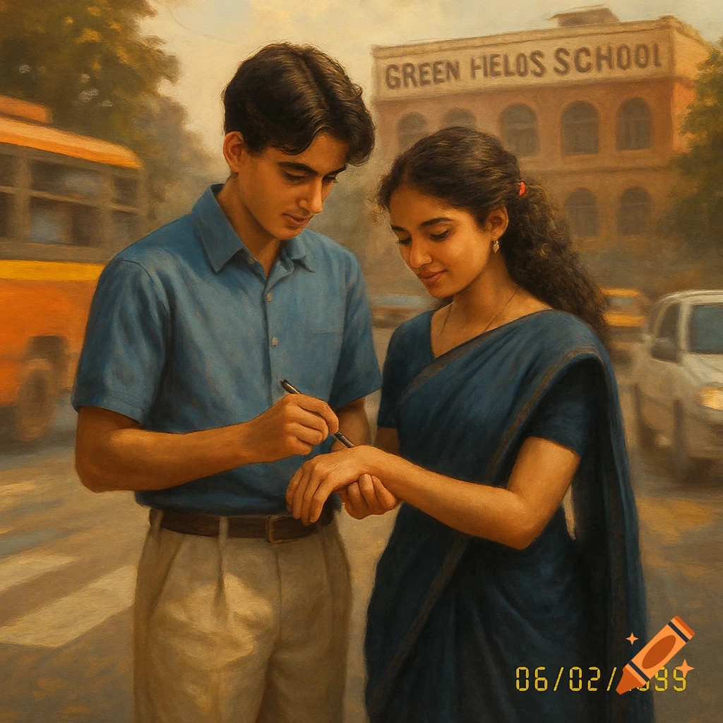 A young man writes on a woman's wrist in front of "Green Fielos School" with a vintage bus and cars in the background, dated 06/02/1999.