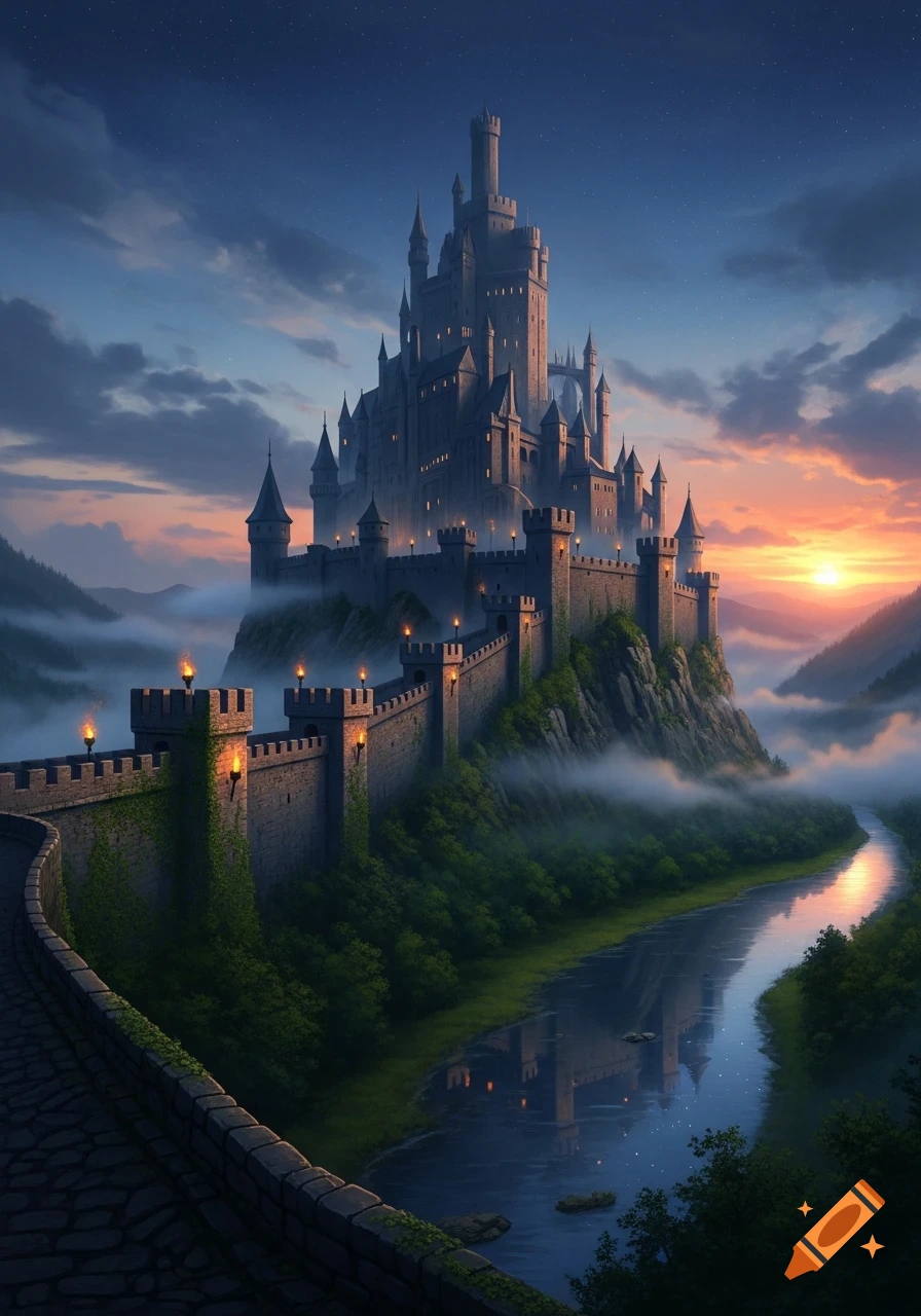 A large, intricate fantasy castle stands on a misty cliff overlooking a winding river at sunset, with torches lighting a stone wall.