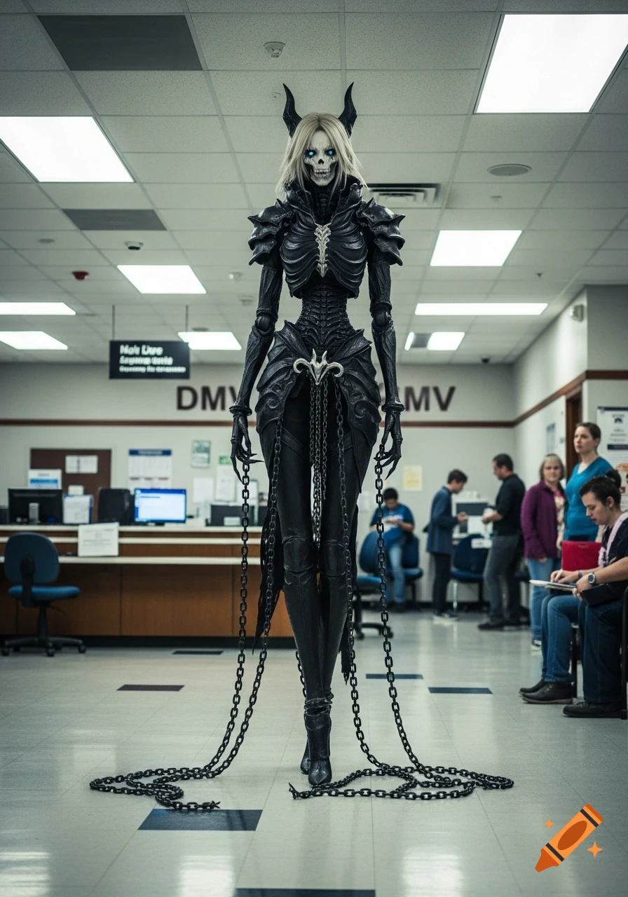 A skeletal demon-like figure with horns, glowing eyes, and dark ornate armor with chains stands in a brightly lit DMV office while people wait in line.