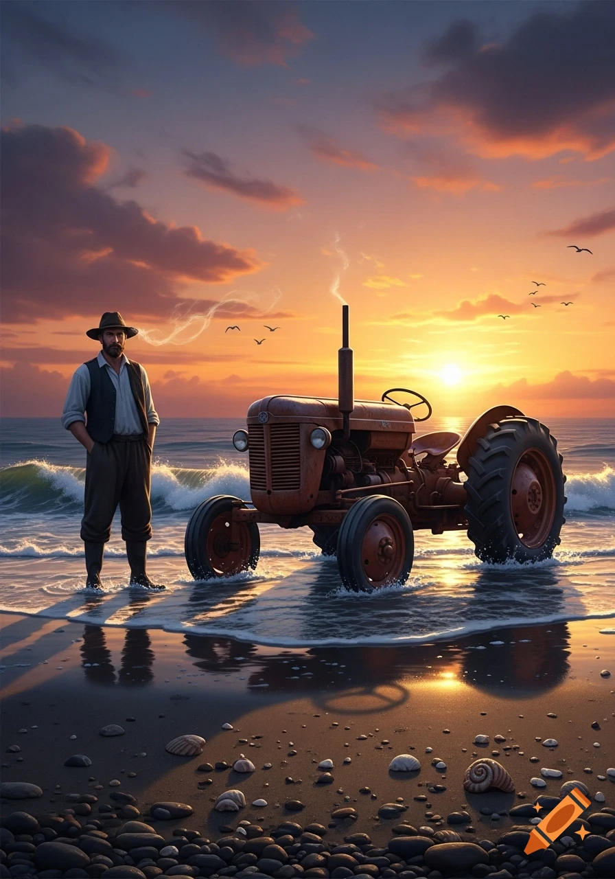 A man in a hat stands next to an old tractor on a sandy beach with waves at sunset.