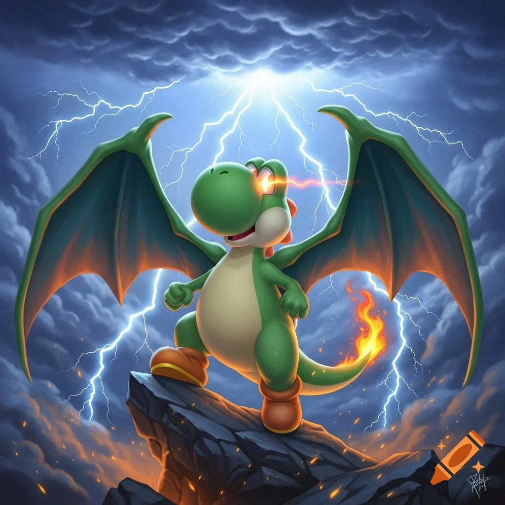 Yoshi, with dragon wings and a fiery tail, stands triumphantly on a rock under a dramatic lightning storm.