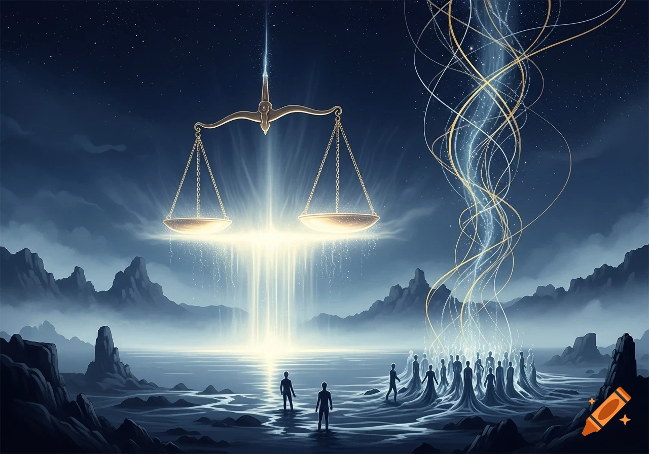 A golden scale of justice floats in a starry sky above glowing water, light beams reaching silhouetted figures and a crowd, in a fantasy style.