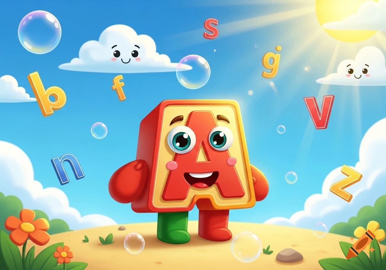 A happy, cartoon letter A character stands on a hill under a sunny blue sky with floating alphabet letters and bubbles.