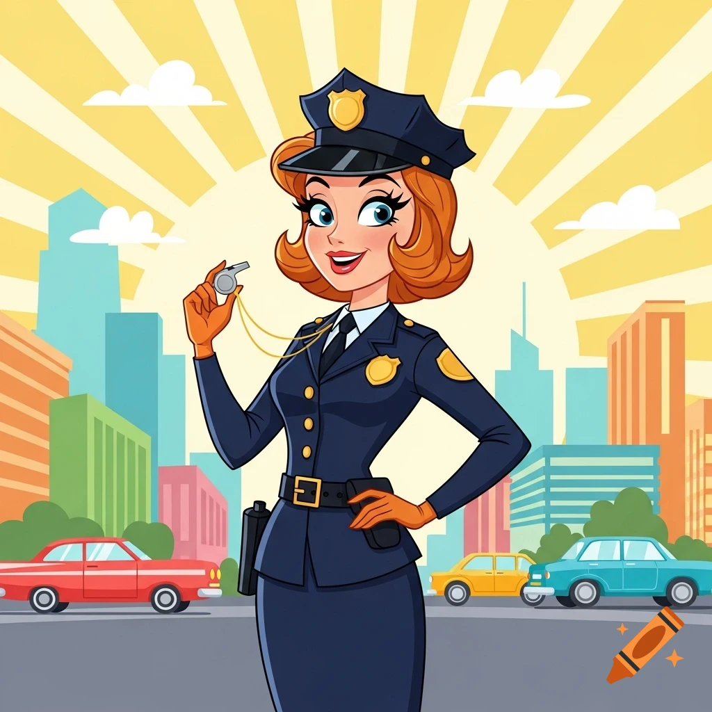 A smiling cartoon female police officer in a 60s-style uniform holds a whistle in a vibrant city with cars.