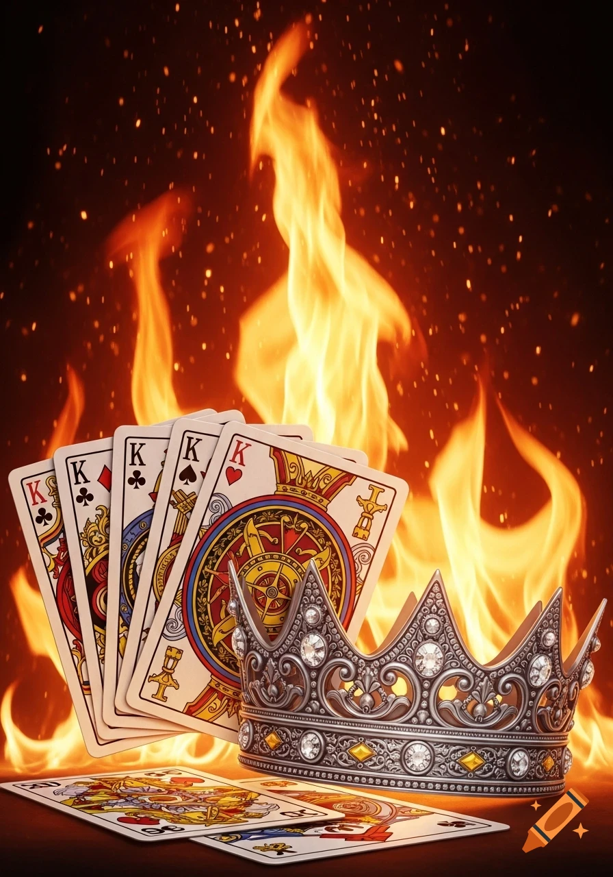A fan of five king playing cards and a jeweled silver crown are set against a dramatic background of bright orange flames and sparks.