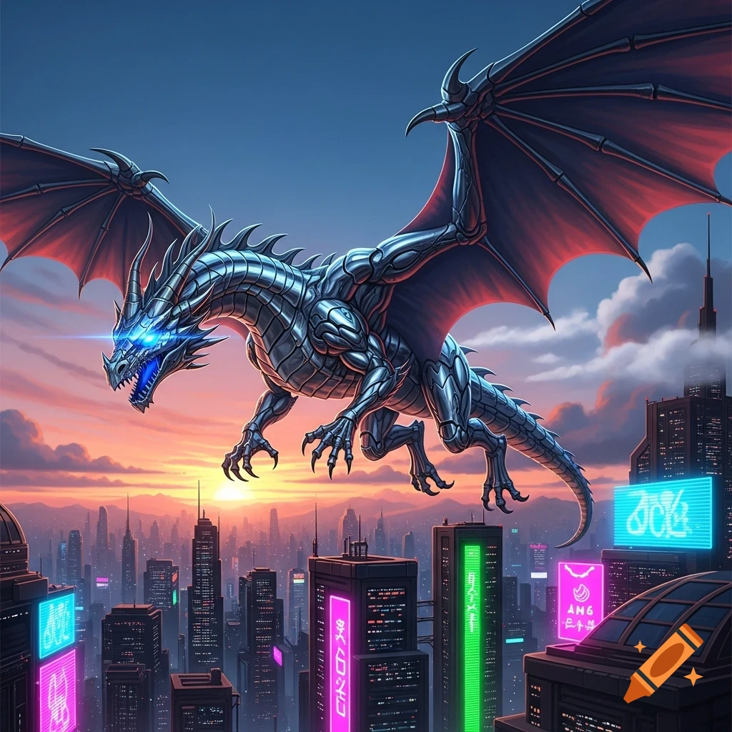 A digitally painted metallic dragon with glowing blue eyes flying over a futuristic city with neon lights at sunset.