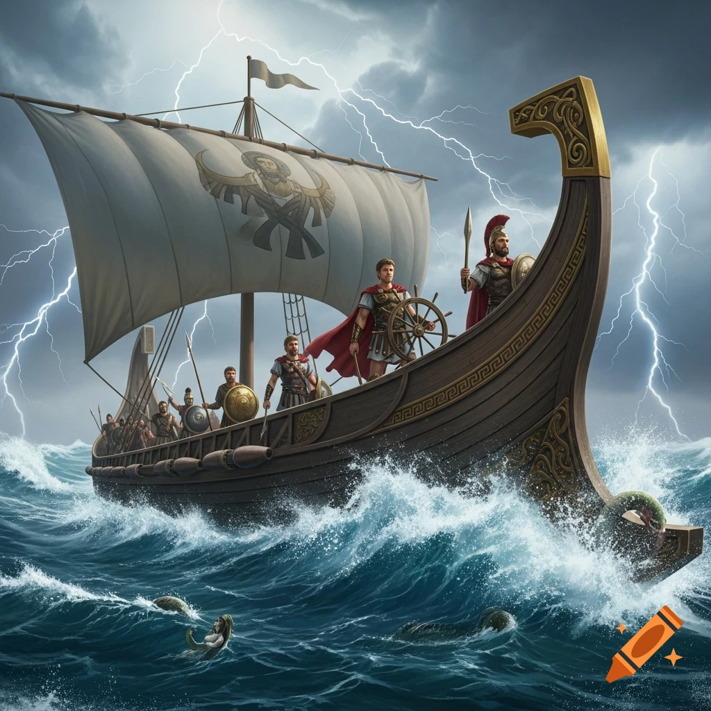 An ancient Greek ship with warriors navigates a stormy sea with lightning and mythical sea creatures.