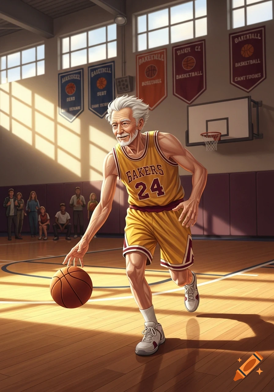 An illustrated elderly man with white hair dribbles a basketball in a brightly lit gymnasium, wearing a yellow 'BAKERS 24' jersey.