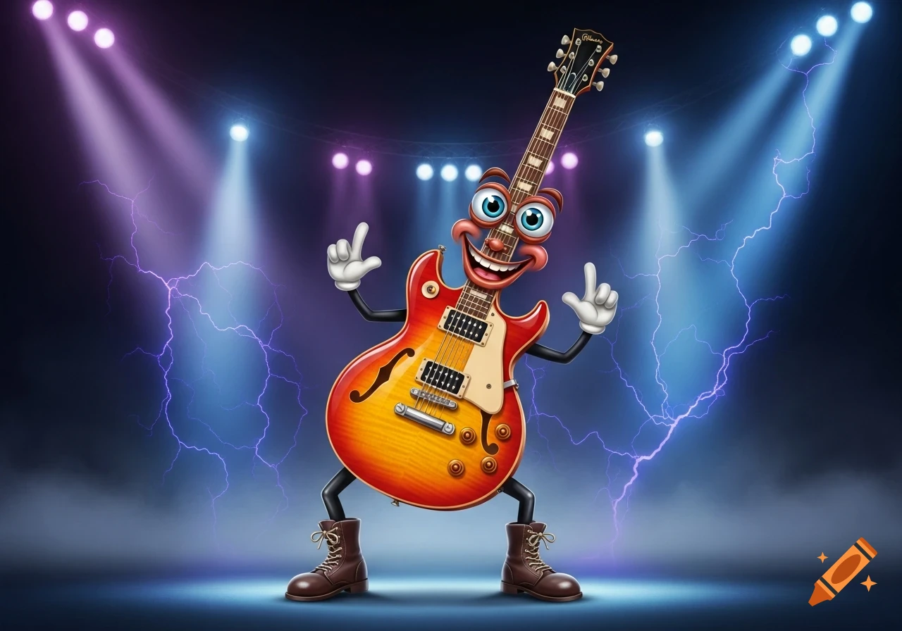 Cartoon rock guitar character with a happy face and boots, posing on a stage with spotlights and lightning.