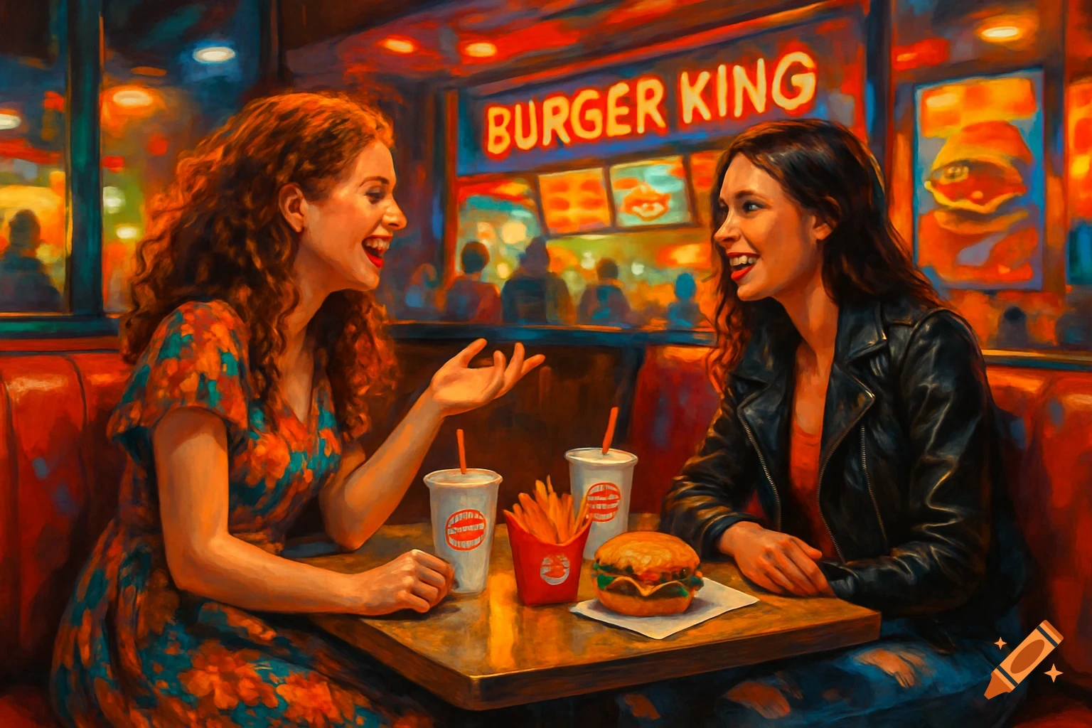 Two smiling women in a Burger King booth, sharing a meal with a burger and fries, depicted in a vibrant oil painting style.