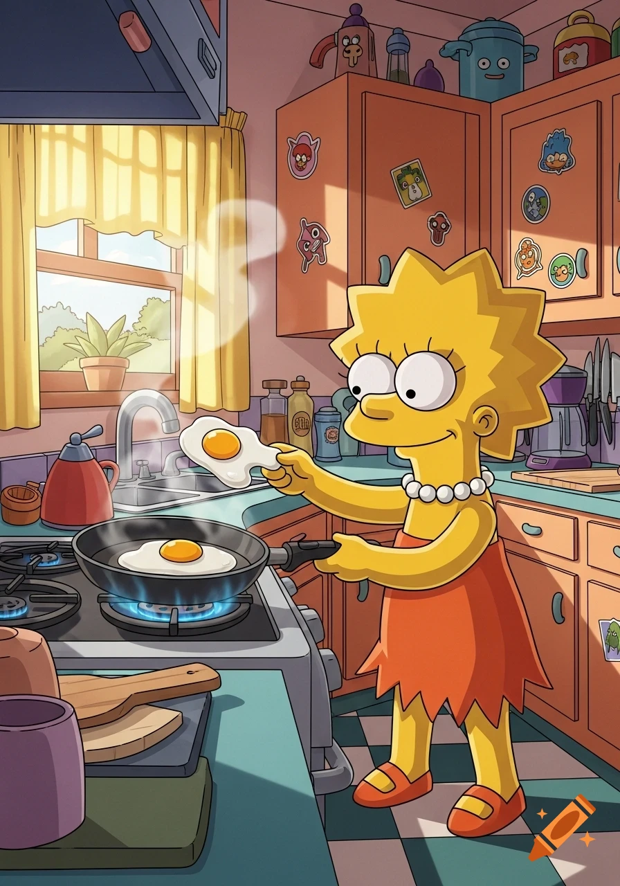 Lisa Simpson in a cartoon kitchen, holding a fried egg while another egg cooks in a pan on the stove.