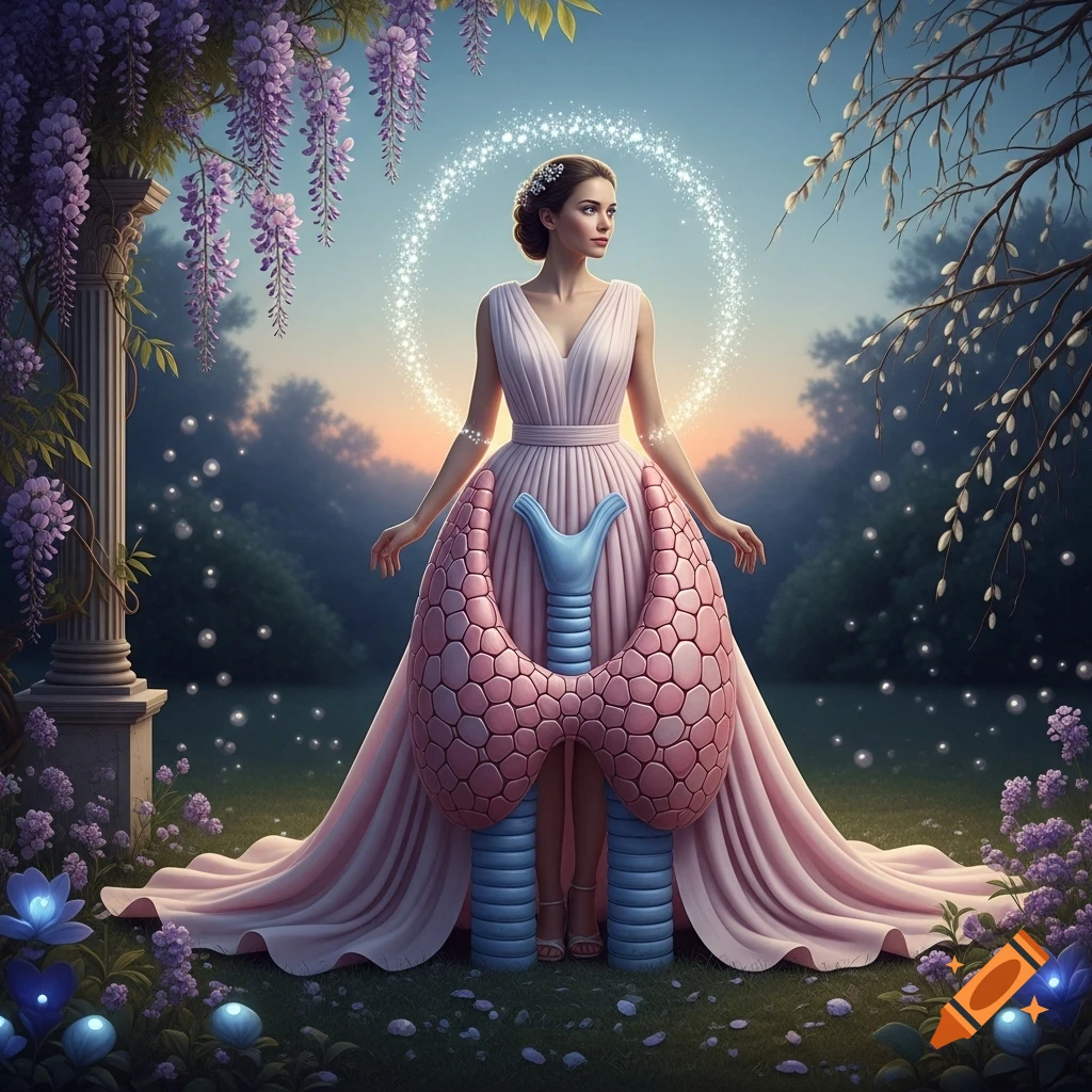 A woman in a flowing dress shaped like a large thyroid gland stands in an ethereal garden with glowing flowers and wisteria.