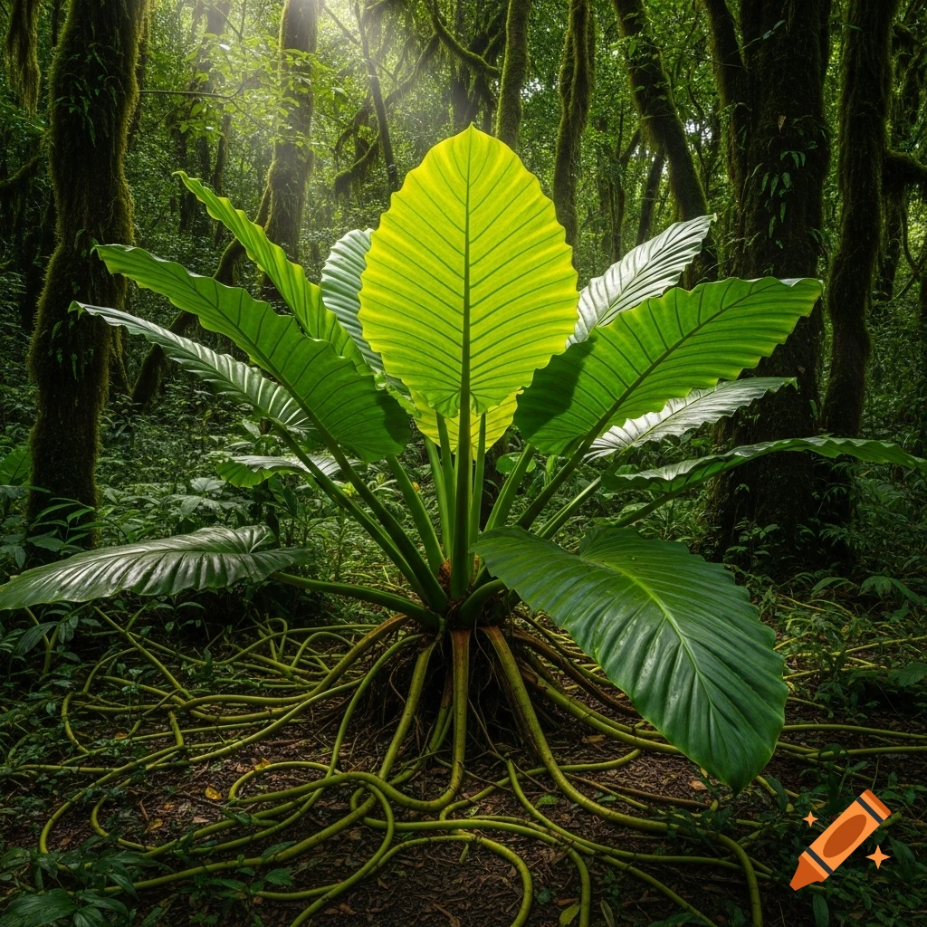 A photorealistic, vibrant green plant with broad leaves and sprawling roots on a forest floor, bathed in sunlight.