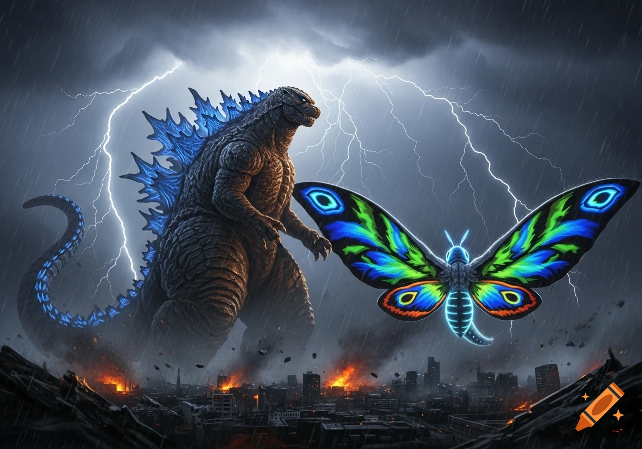 Godzilla and Mothra stand amidst a destroyed city under a stormy, lightning-filled sky.