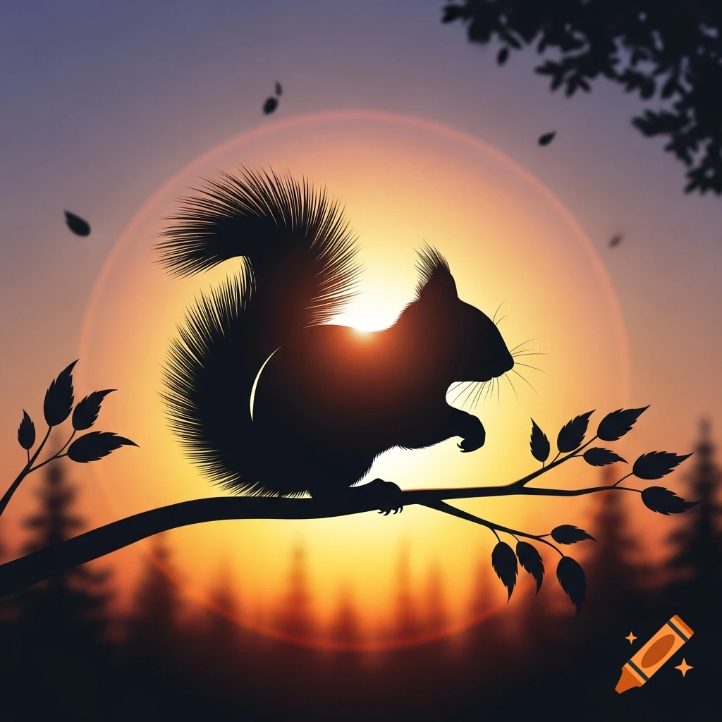 A squirrel silhouette perched on a branch against a vibrant orange and purple sunset.