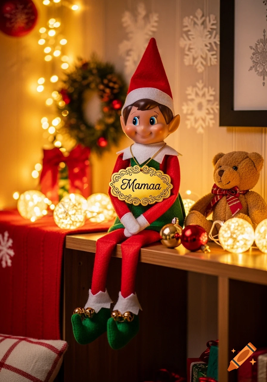 An Elf on the Shelf doll sits on a shelf with a teddy bear, surrounded by twinkling Christmas lights and decorations. The elf wears a name tag that reads "Mamaa".