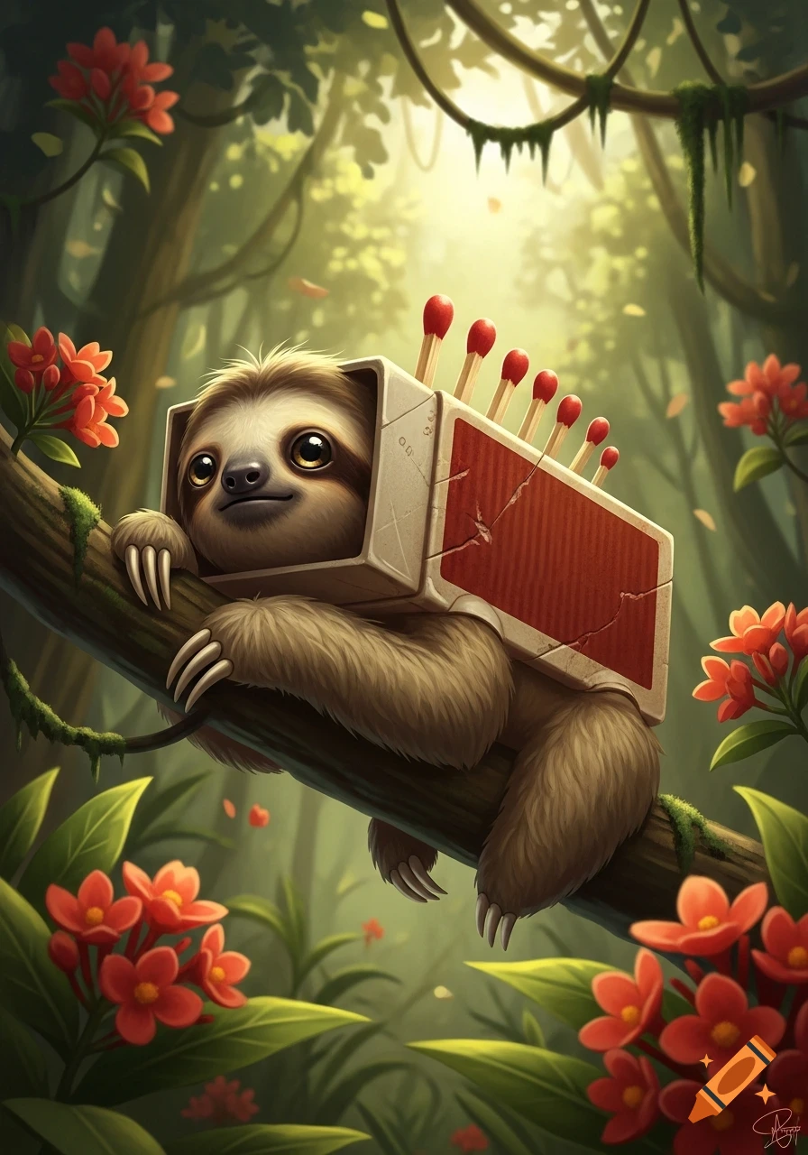 A cute sloth with a matchbox shell on its back clings to a tree branch ...