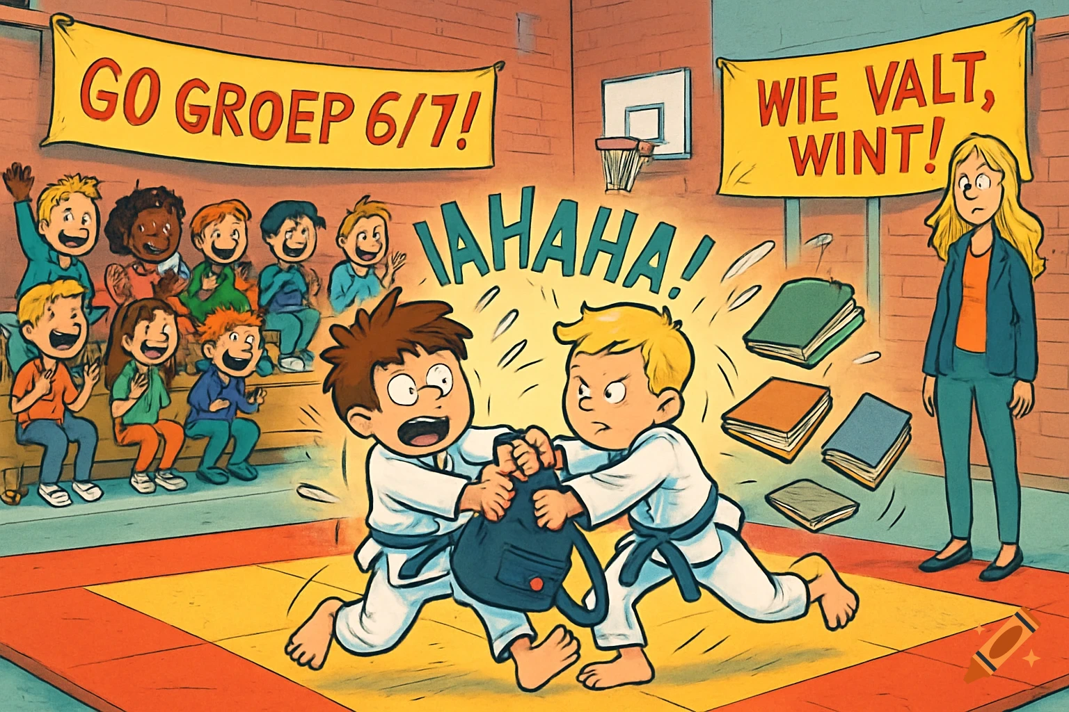 Two boys in judo gis struggle over a school bag, sending books flying, as laughing children watch in a school gym. Comic style.