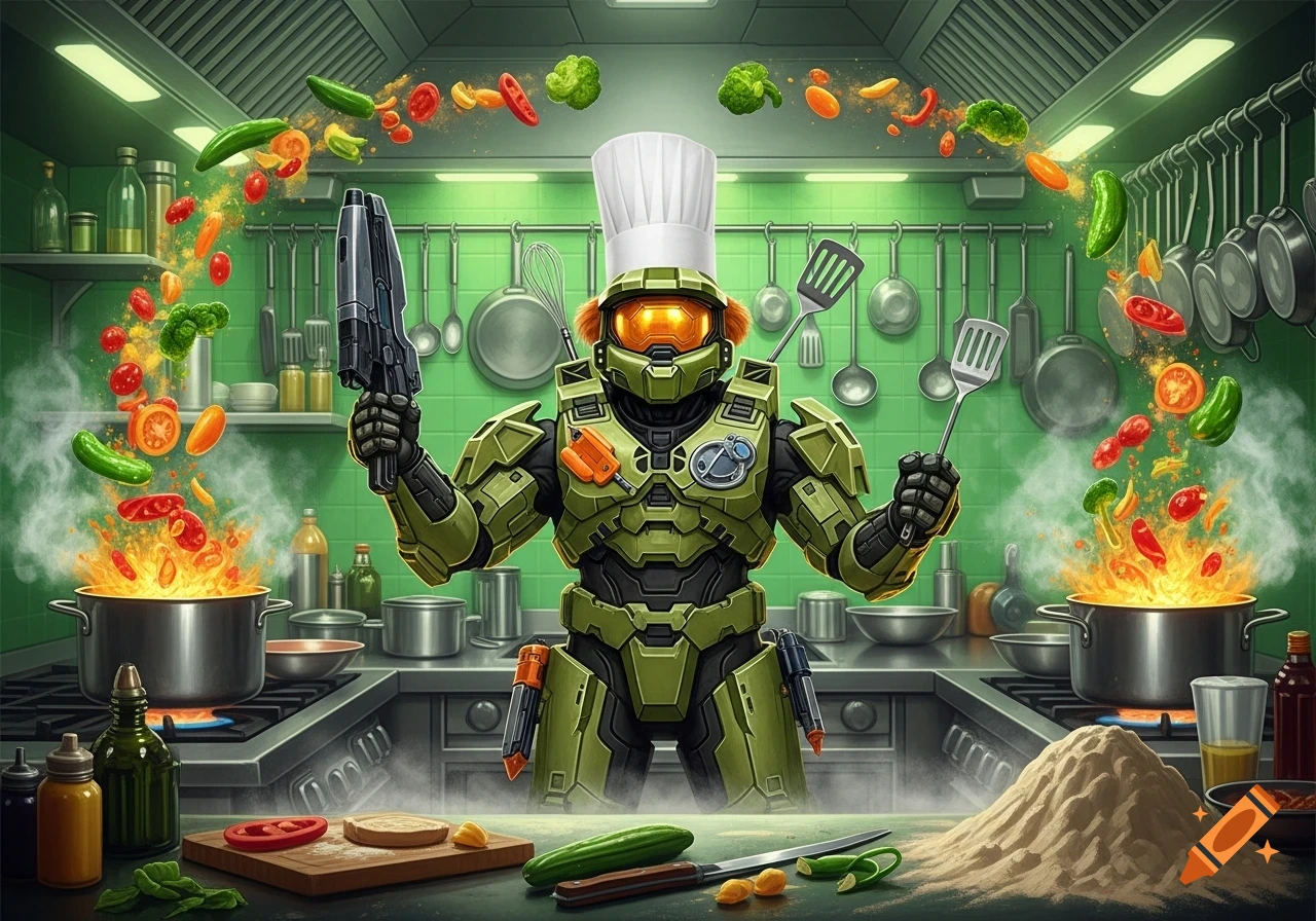 Master Chief from Halo in a chef's hat, holding a gun and spatula in a vibrant kitchen with floating vegetables and steaming pots.