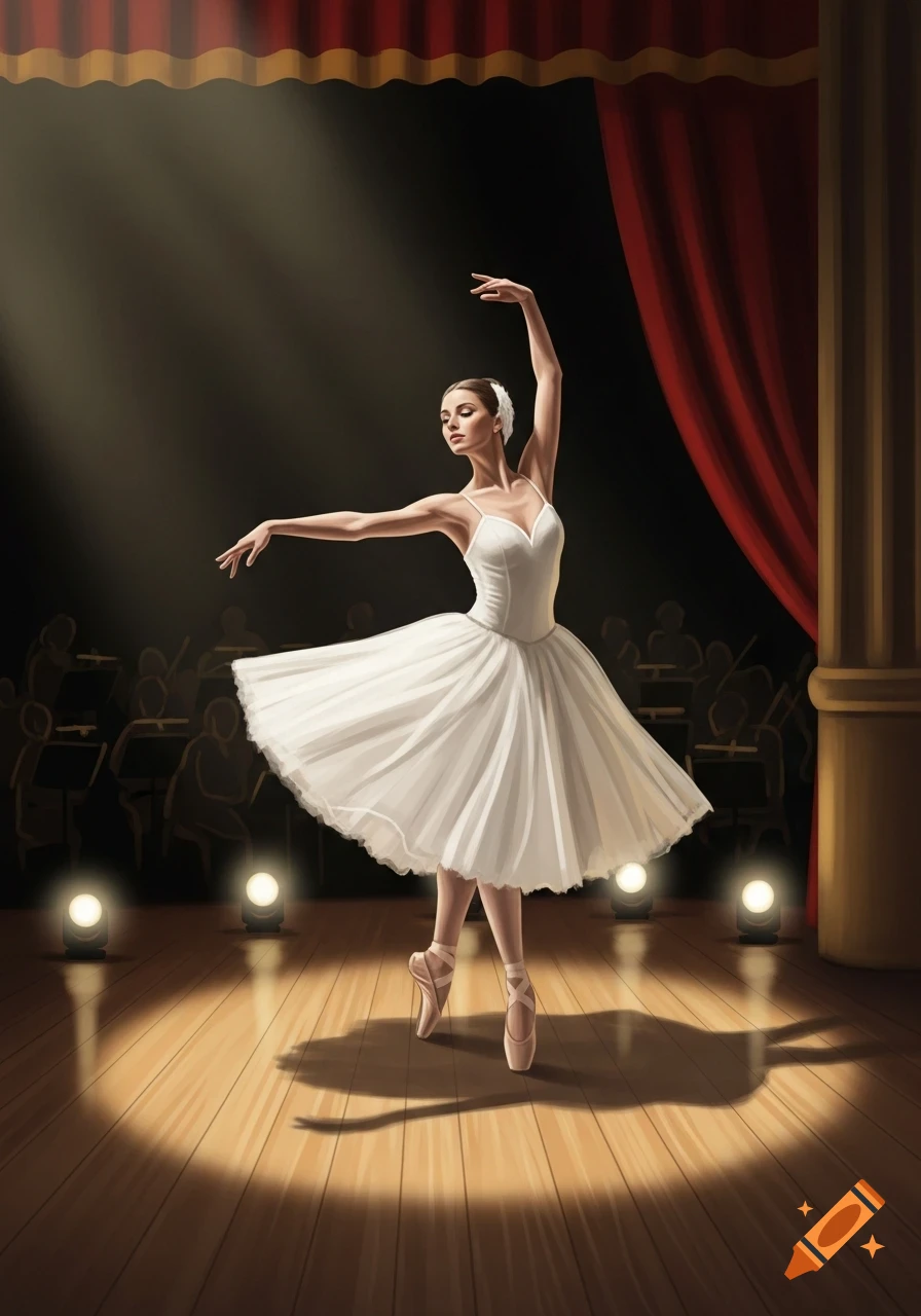 A graceful ballerina in a white tutu on a wooden stage, illuminated by spotlights, with a blurred orchestra in the background. Illustrated style.