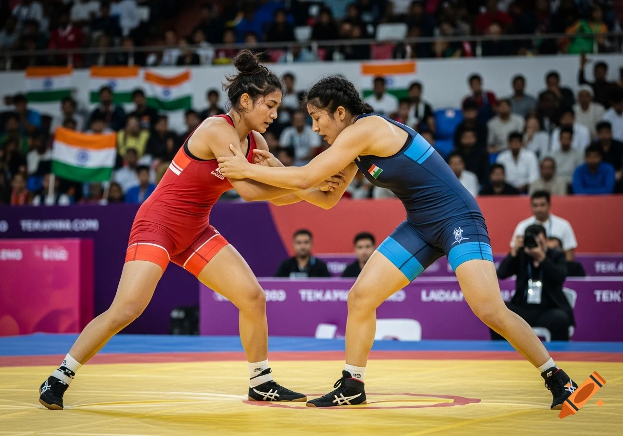 Two female wrestlers from India grapple on a yellow mat in an arena filled with spectators and Indian flags.