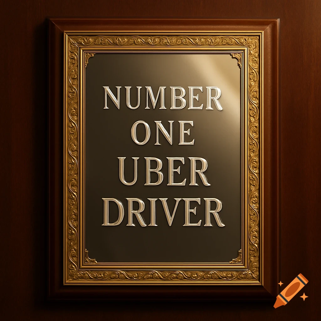 A bronze award plaque with a gold ornate frame on a dark wood background, reading 'NUMBER ONE UBER DRIVER'.
