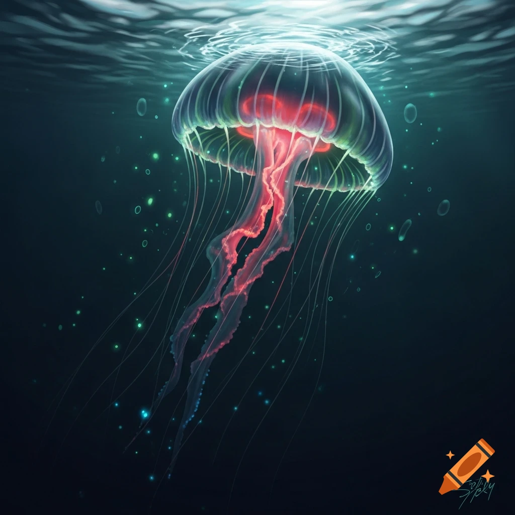 A vibrant, bioluminescent jellyfish with glowing red tentacles swims in dark blue water, with light ripples on the surface.