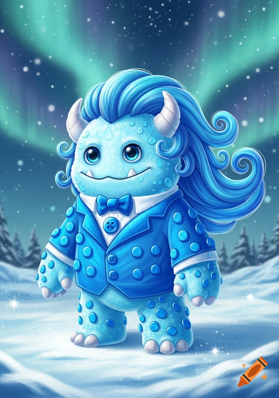 A cute, light blue, fluffy monster with curly blue hair and horns in a blue suit stands in a snowy scene with a green aurora.