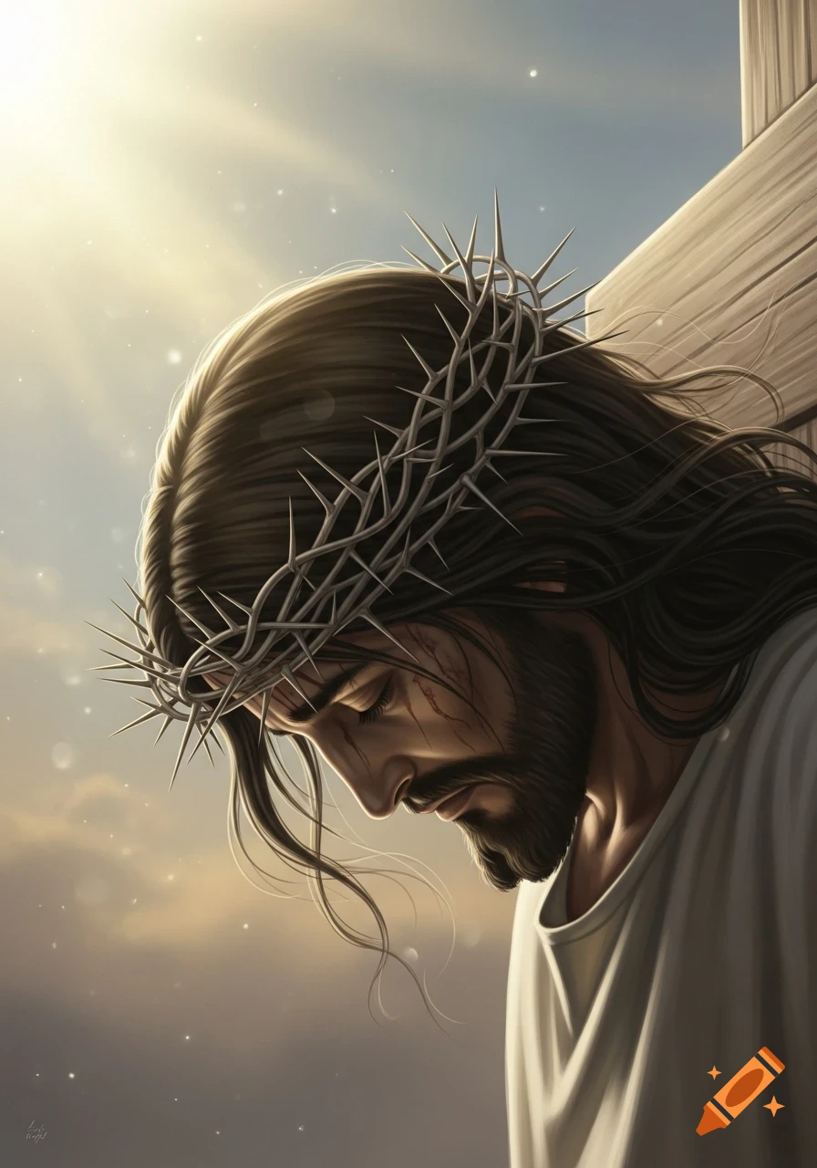Close-up of Jesus Christ's head bowed, wearing a crown of thorns, with eyes closed, against a bright sky and a wooden cross.
