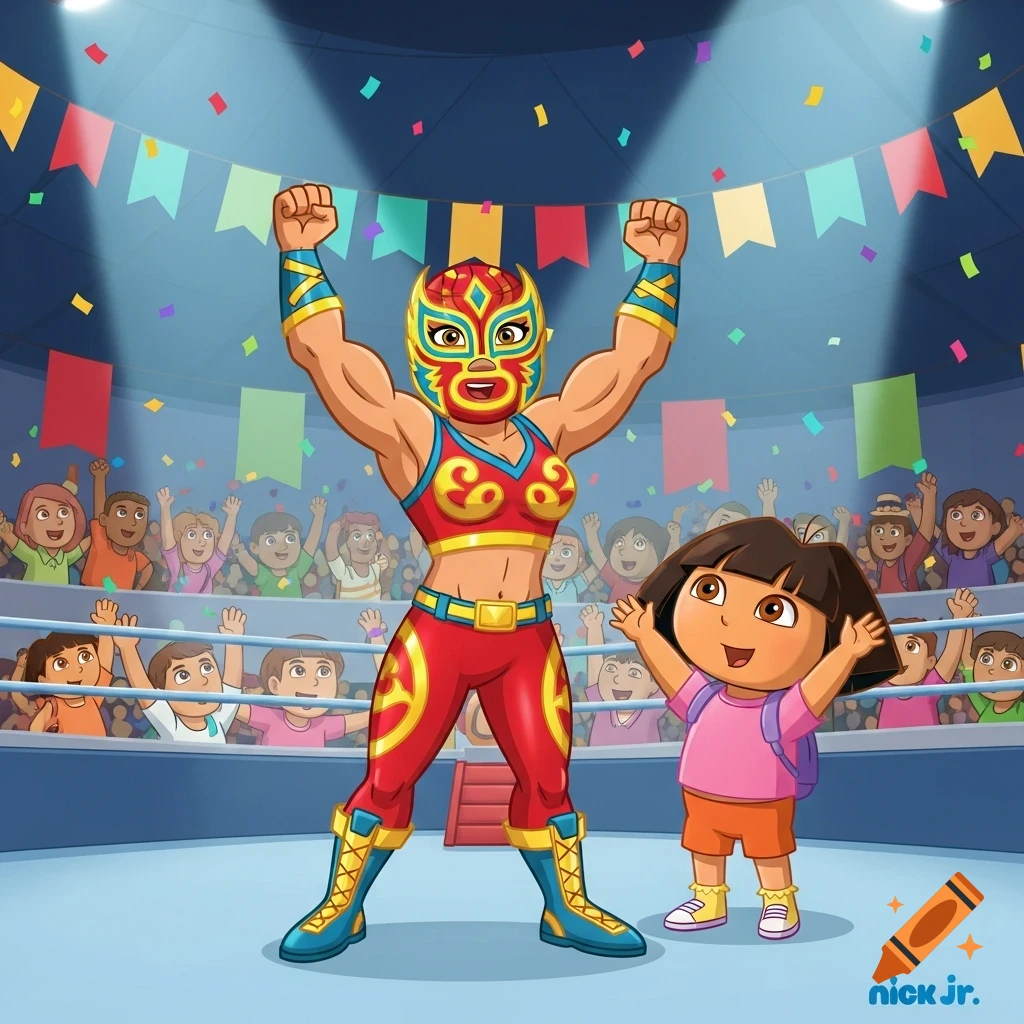 A friendly female masked luchador flexes muscles next to Dora the Explorer in a vibrant cartoon wrestling arena with cheering children.