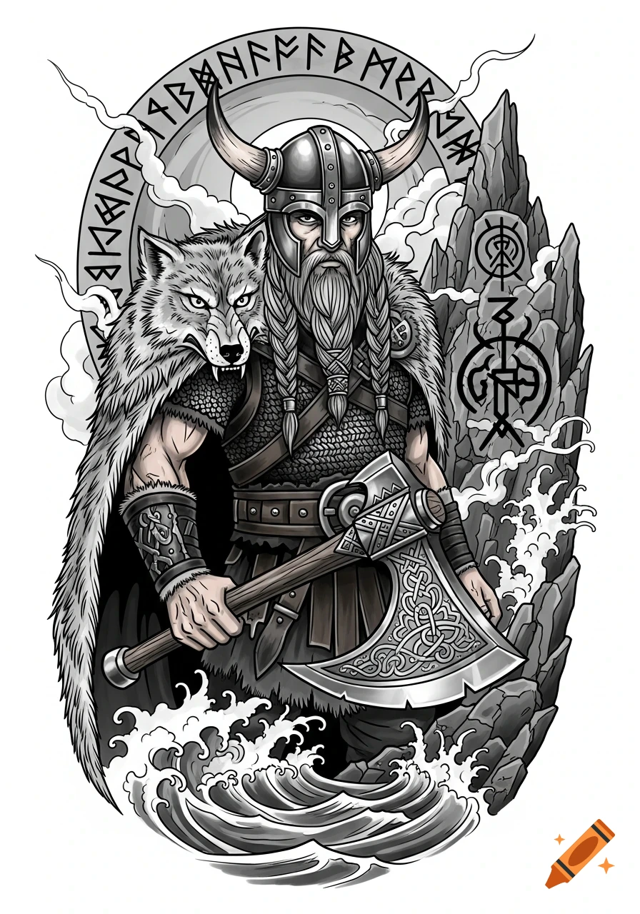 Grayscale tattoo art of a fierce Viking warrior in a horned helmet, holding an axe, with a wolf on his shoulder, against a background of runes, rocks, and waves.