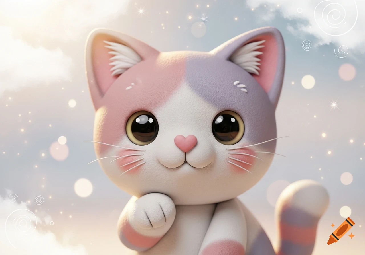 A cute stylized air dry clay cat with large eyes and a heart nose, pink and purple patches, against a sparkling sky.