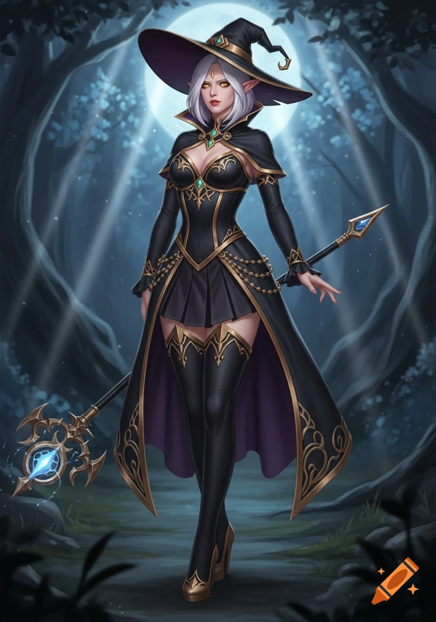 A white-haired elf witch with golden eyes in a black and gold outfit and witch hat, holding a staff in a moonlit forest. Digital painting.