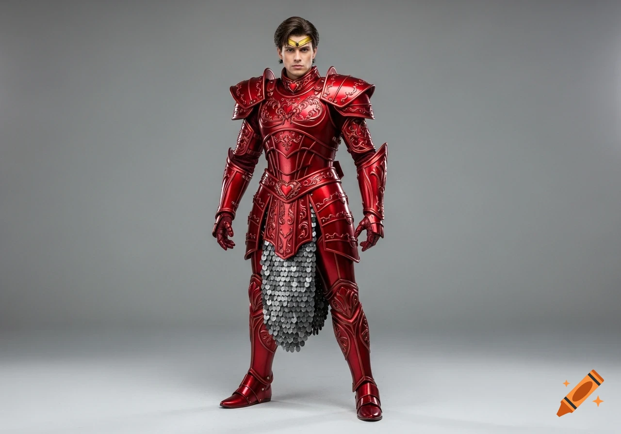 A full-body photorealistic image of a male figure in ornate, shiny red metal armor with a silver scale skirt and a golden circlet.