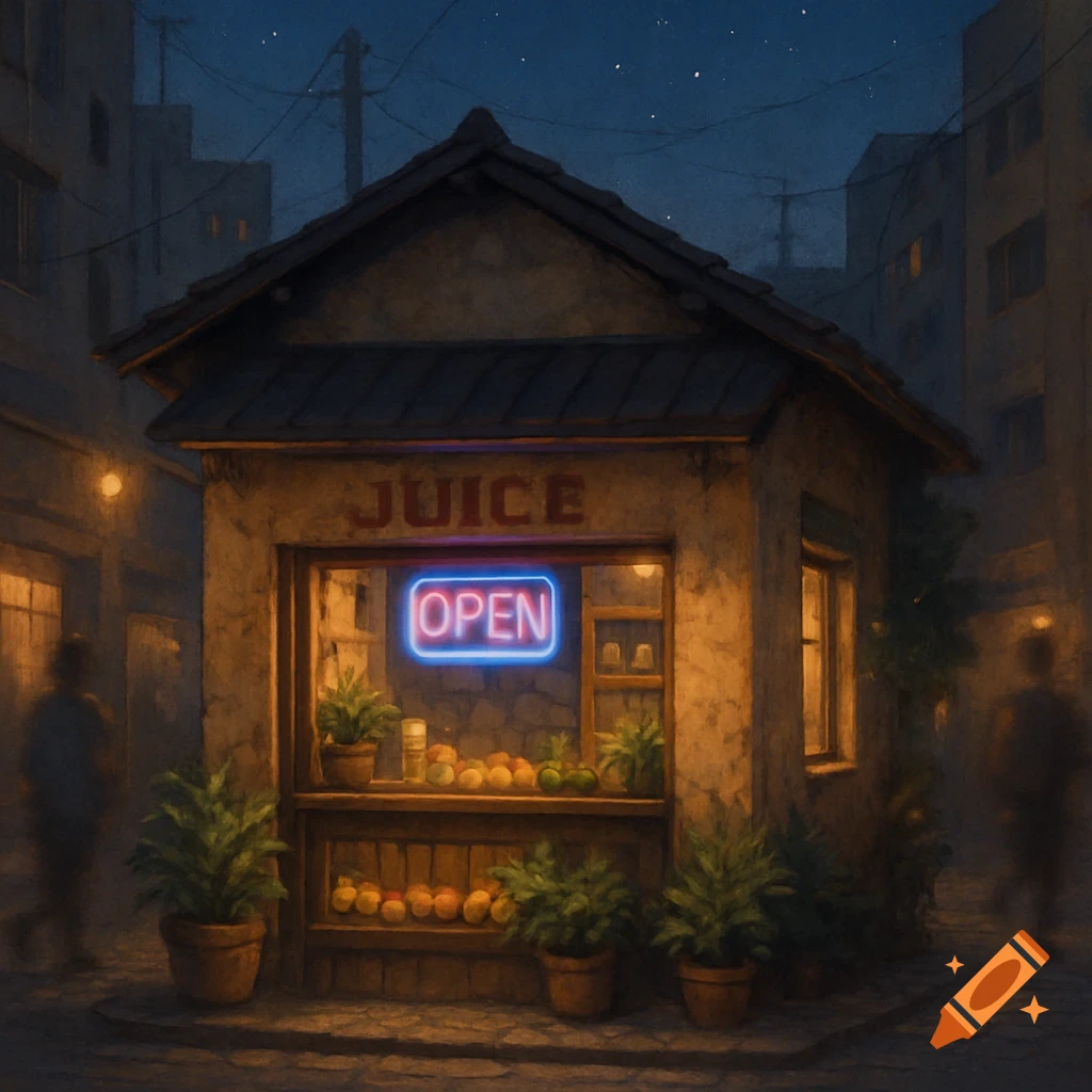 A rustic juice shop with a glowing neon 'OPEN' sign and 'JUICE' above, set in a dimly lit alley at night under a starry sky.
