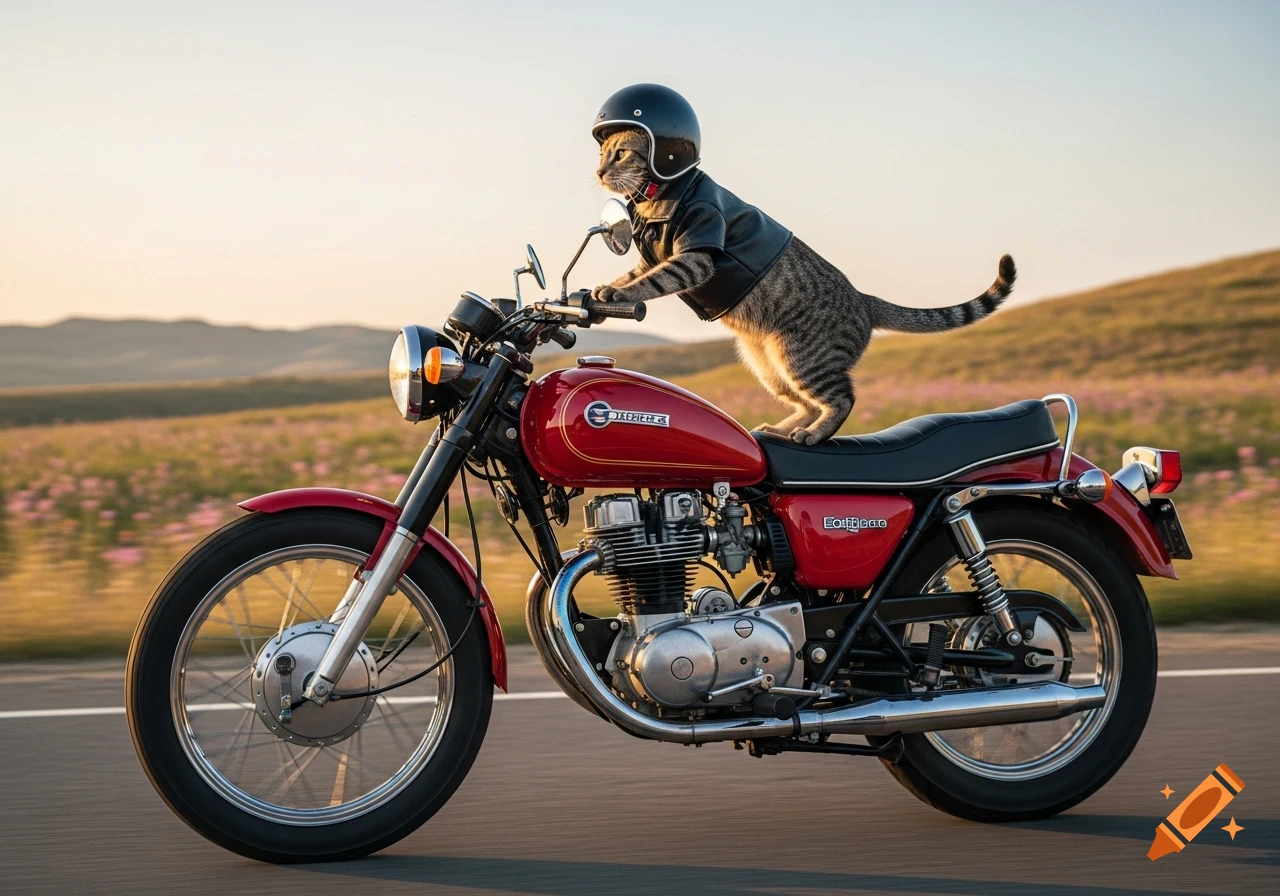 A tabby cat wearing a black helmet and leather jacket rides a red motorcycle on a road with fields in the background at sunset.