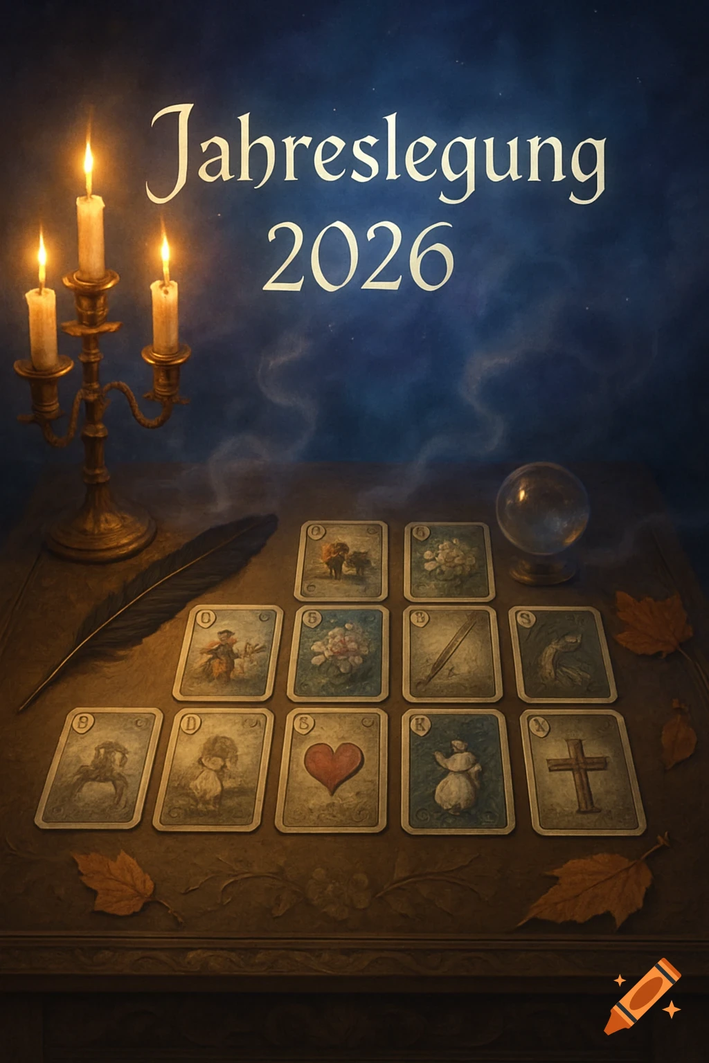 A mystical scene with three lit candles on a candelabra, a quill, a crystal ball, and several tarot-like cards spread on a patterned wooden table. The text "Jahreslegung 2026" floats above against a cloudy blue background.