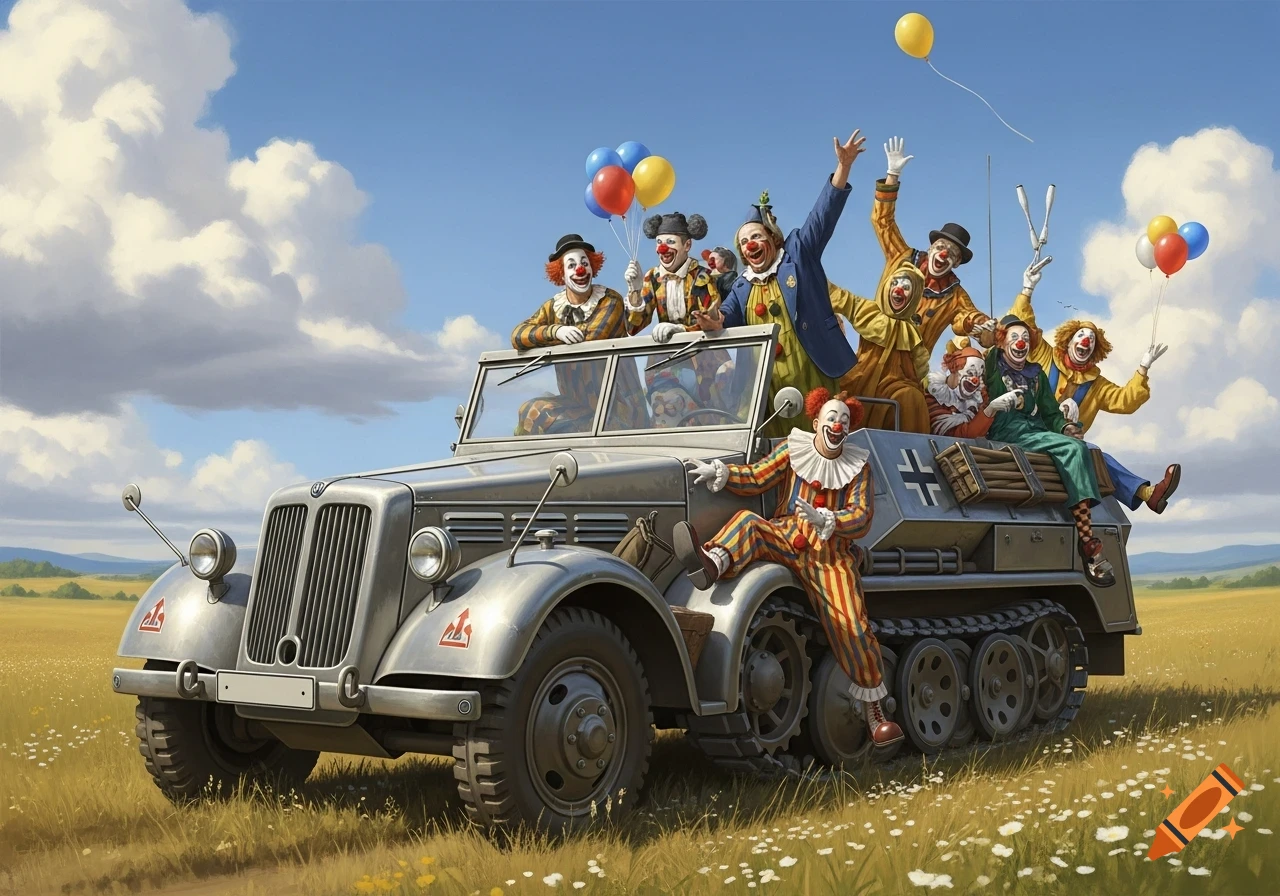 A World War 2 German half-track filled with numerous joyful clowns wearing colorful costumes, driving through a sunny field under a blue sky.