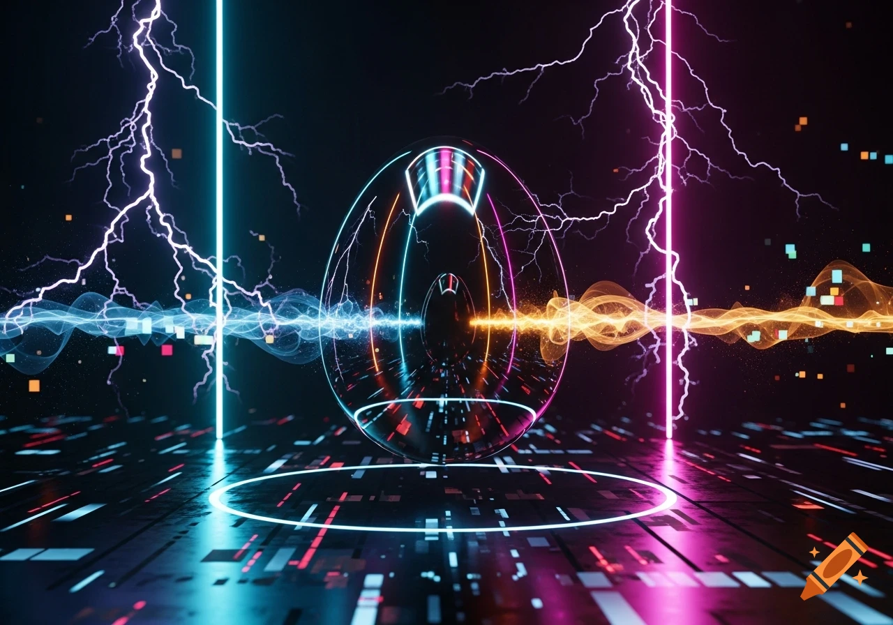 Abstract digital art of a glowing sphere emitting blue and orange energy with lightning on a circuit-patterned floor.