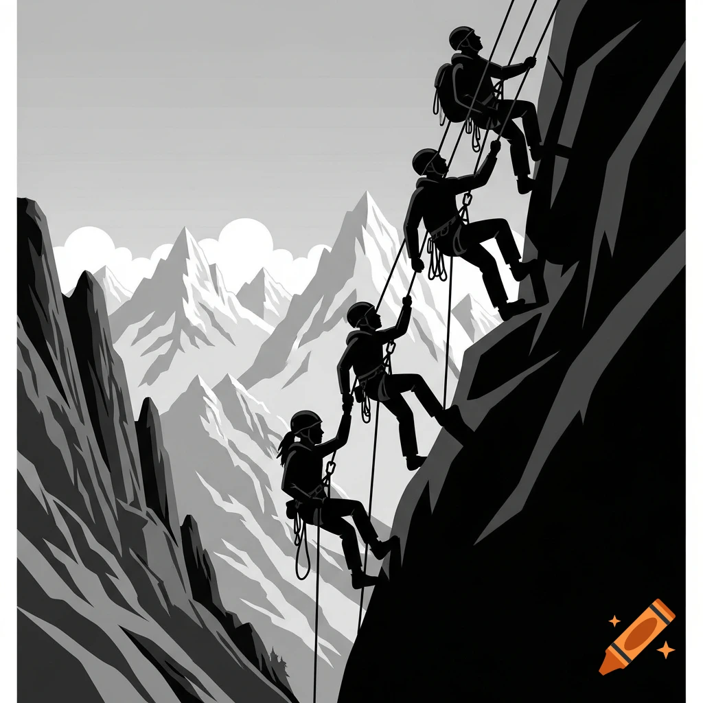 Three climbers rappel down a steep rock wall with snowy mountains in the background, in a black and white WPA poster style.