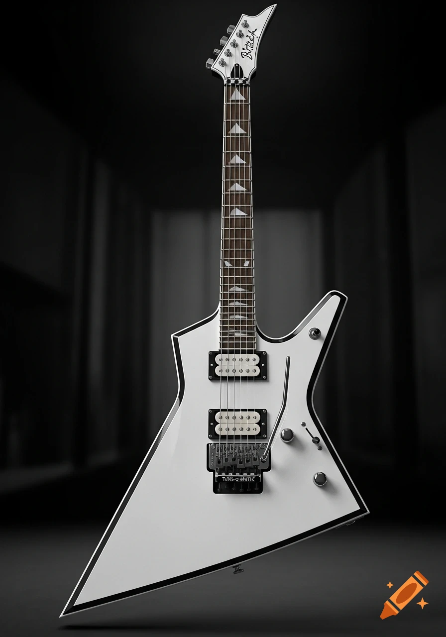 A white B.C. Rich Warlock electric guitar with black binding and a widow headstock stands against a dark background.