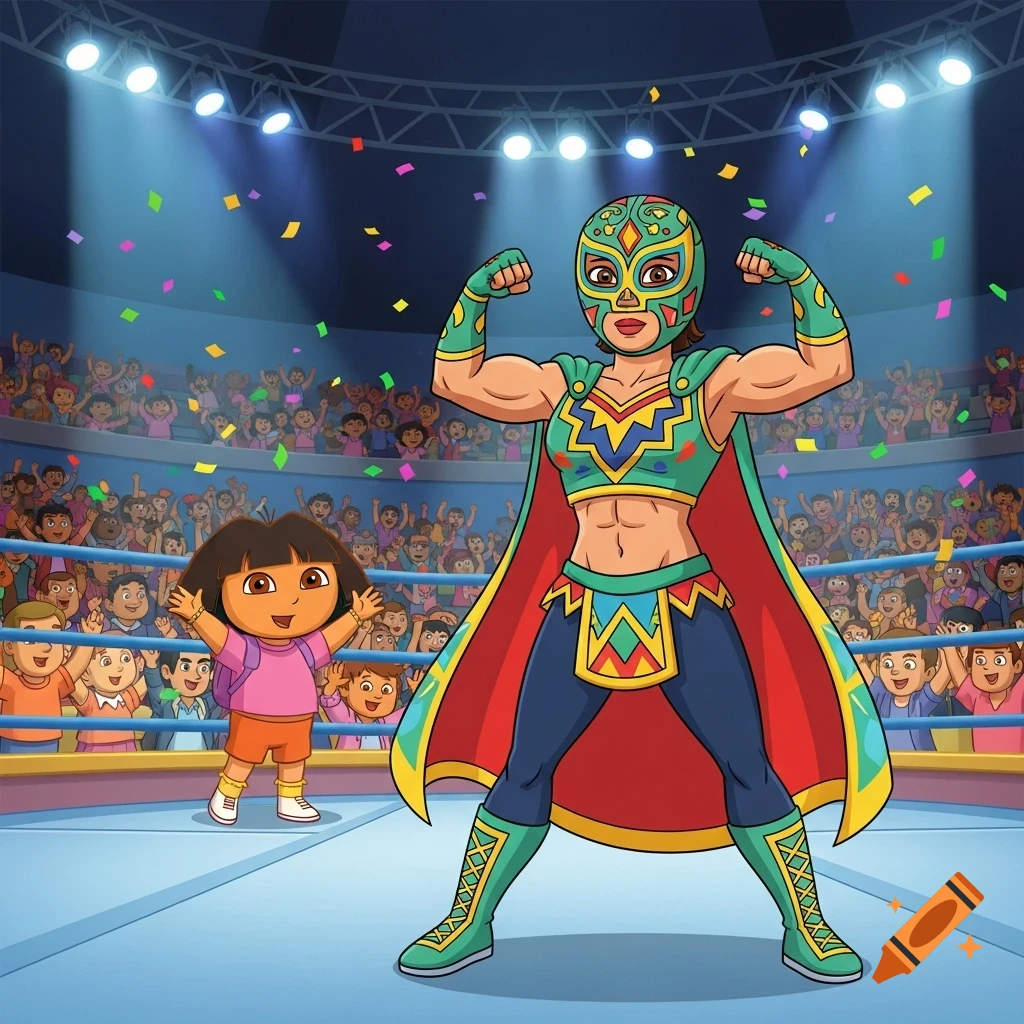 Cartoon of Dora the Explorer cheering as a female masked luchador flexes in a wrestling arena with confetti.