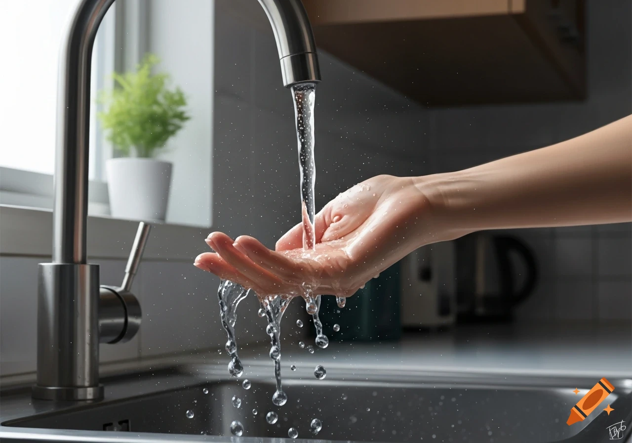Photorealistic close-up of a person's hand catching clear water flowing from a modern kitchen faucet into a metal sink.