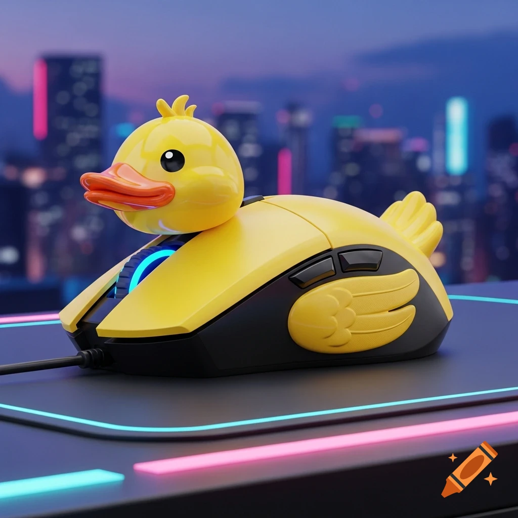 A yellow duck-shaped gaming mouse with black accents and a glowing blue scroll wheel sits on a neon-lit desk pad against a blurred city background.