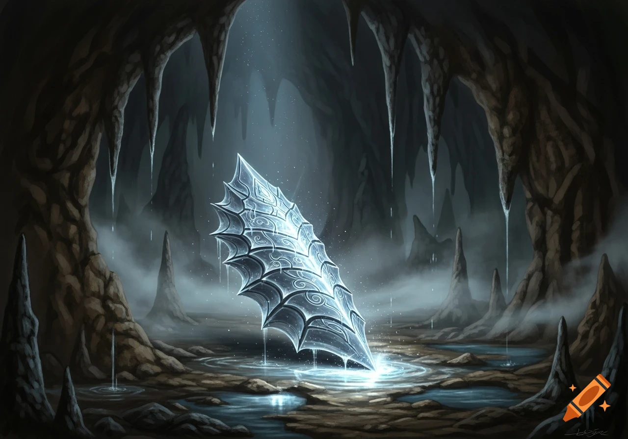 A glowing, ornate silver dragon scale stands in a puddle within a dark, misty cave with stalactites and stalagmites.