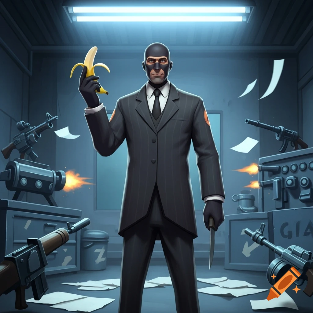 A stylized Spy from Team Fortress 2, in a dark suit and mask, holding a peeled banana and a knife in a room with weapons firing.