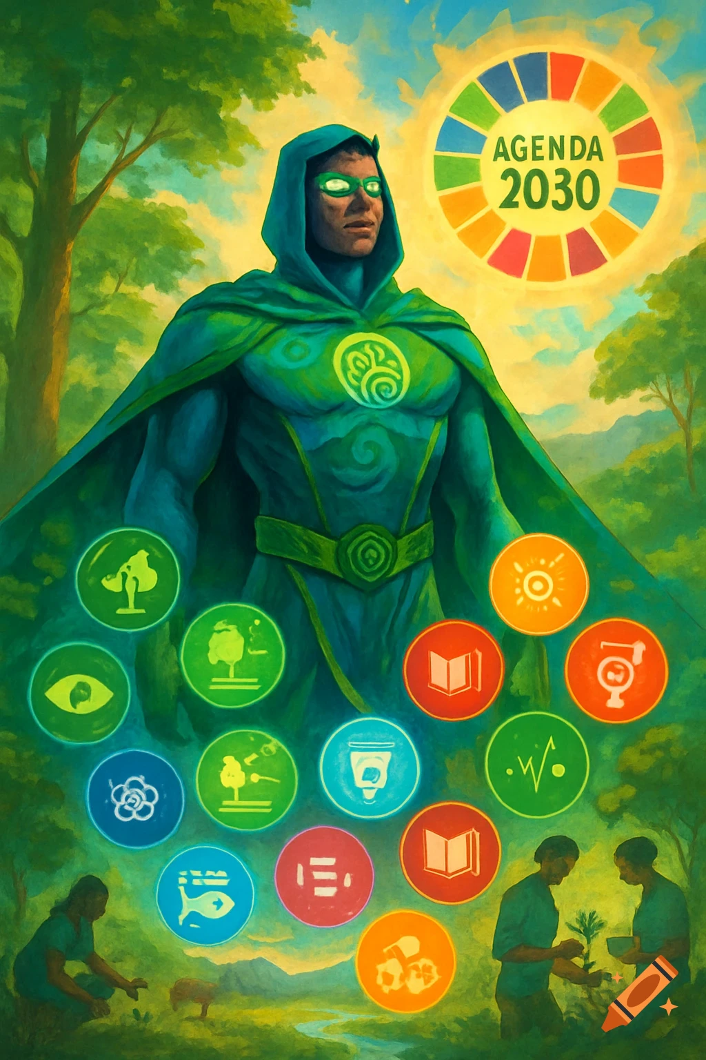 An environmental superhero in green, standing in a lush landscape with symbols for Agenda 2030 and sustainability goals. Painterly style.