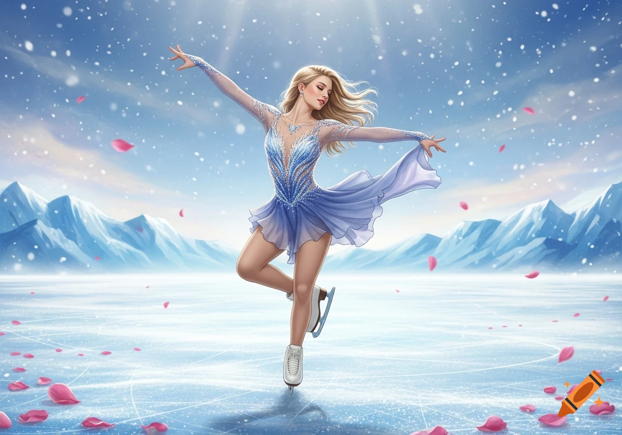An elegant female figure skater in a sparkling blue costume poses on an outdoor ice rink with snow and rose petals, snowy mountains in the background.