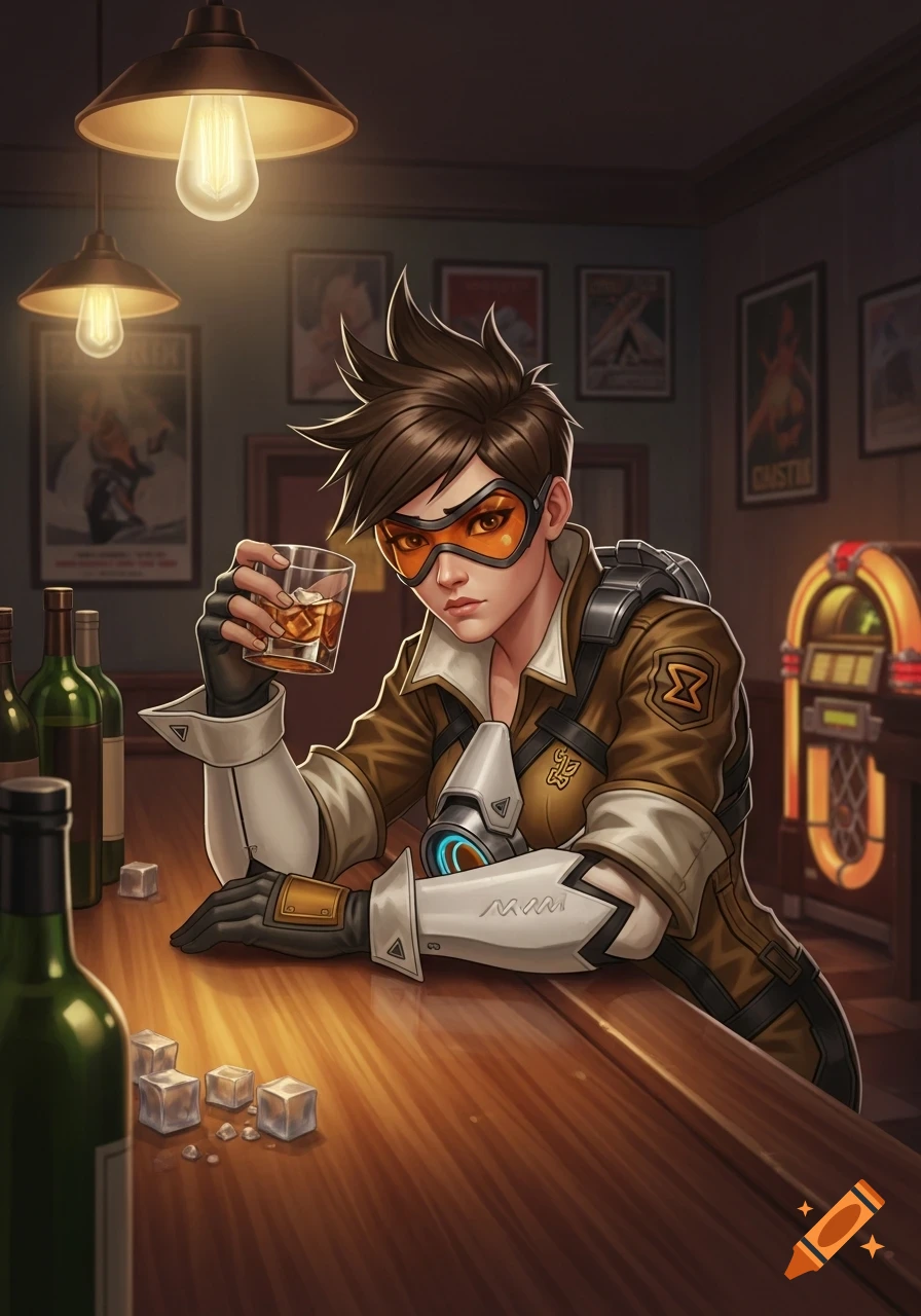 An anime-style depiction of Tracer from Overwatch, sitting at a dimly lit bar, holding a glass of whiskey, with bottles and ice cubes on the counter.
