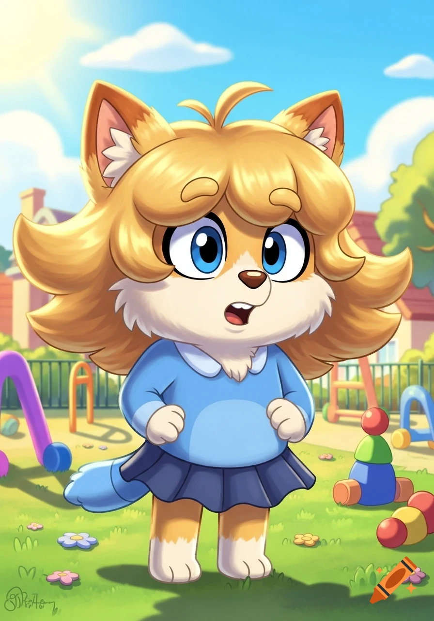 A fluffy, blonde, blue-eyed cartoon animal character in a blue shirt and dark skirt stands in a sunny playground with colorful equipment.